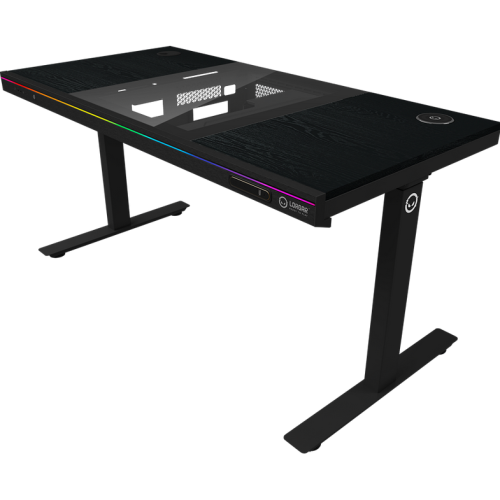 Dual-motor sit/stand adjustable-height gaming desk with built-in PC case, wireless charger, RGB lighting, control panel, and USB ports, wooden tabletop, black.