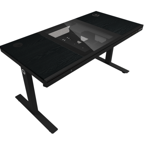 Dual-motor sit/stand adjustable-height gaming desk with built-in PC case, wireless charger, RGB lighting, control panel, and USB ports, wooden tabletop, black.