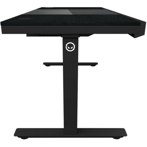 Dual-motor sit/stand adjustable-height gaming desk with built-in PC case, wireless charger, RGB lighting, control panel, and USB ports, wooden tabletop, black.
