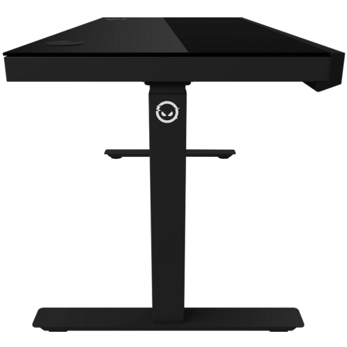 Dual-motor sit/stand adjustable-height gaming desk with wireless charger, RGB lighting, control panel, and USB ports, solid tempered glass tabletop, black.