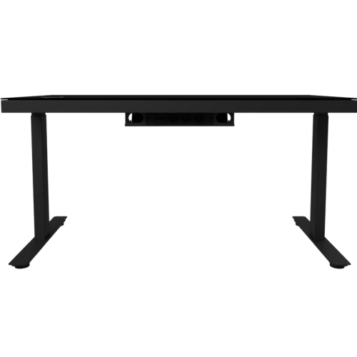 Dual-motor sit/stand adjustable-height gaming desk with wireless charger, RGB lighting, control panel, and USB ports, solid tempered glass tabletop, black.