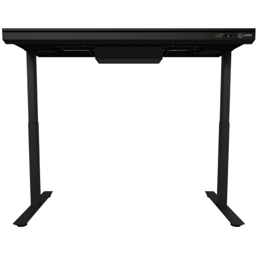 Dual-motor sit/stand adjustable-height gaming desk with wireless charger, RGB lighting, control panel, and USB ports, solid tempered glass tabletop, black.