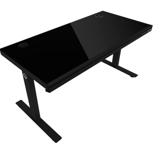 Dual-motor sit/stand adjustable-height gaming desk with wireless charger, RGB lighting, control panel, and USB ports, solid tempered glass tabletop, black.