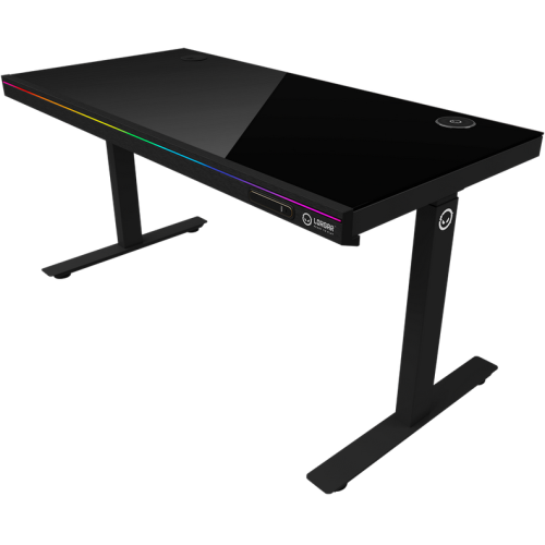 Dual-motor sit/stand adjustable-height gaming desk with wireless charger, RGB lighting, control panel, and USB ports, solid tempered glass tabletop, black.