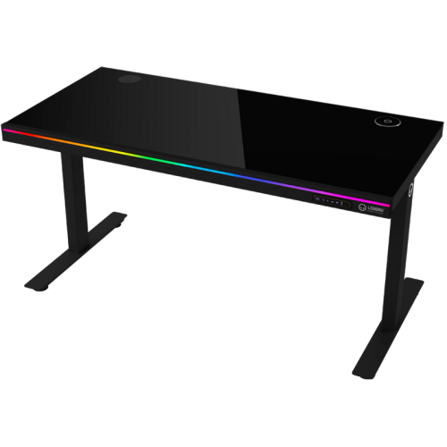 Dual-motor sit/stand adjustable-height gaming desk with wireless charger, RGB lighting, control panel, and USB ports, solid tempered glass tabletop, black.
