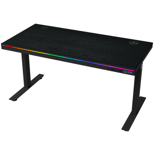 Dual-motor sit/stand adjustable-height gaming desk with wireless charger, RGB lighting, control panel, and USB ports, solid wooden tabletop, black.