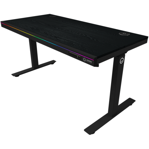 Dual-motor sit/stand adjustable-height gaming desk with wireless charger, RGB lighting, control panel, and USB ports, solid wooden tabletop, black.