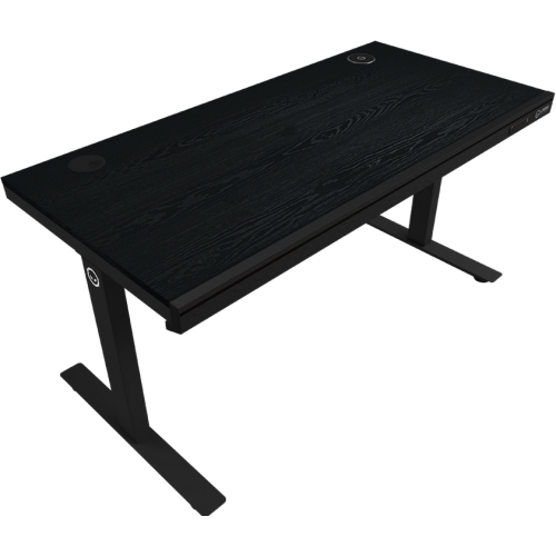 Dual-motor sit/stand adjustable-height gaming desk with wireless charger, RGB lighting, control panel, and USB ports, solid wooden tabletop, black.