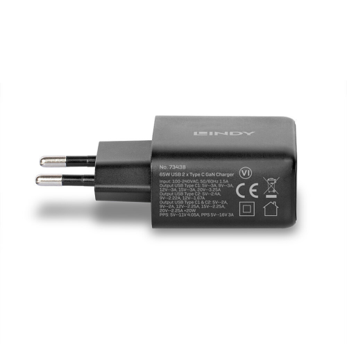 Incarcator retea Lindy 73438, 2x USB-C, 65 W, Black