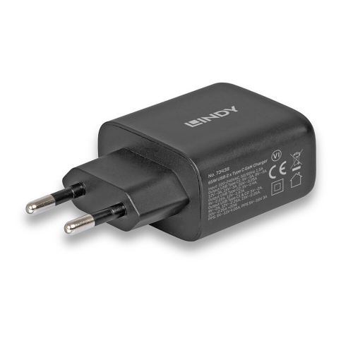Incarcator retea Lindy 73438, 2x USB-C, 65 W, Black