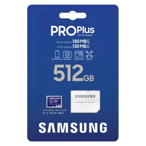 Memory Card microSDXC Samsung PRO Plus MB-MD512SA/EU 512GB, Class 10, UHS-I U3, V30, A2 + Adaptor SD