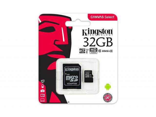 Memory Card microSDHC Kingston Canvas Select 32GB, Class 10, UHS-I U1 + Adaptor SD