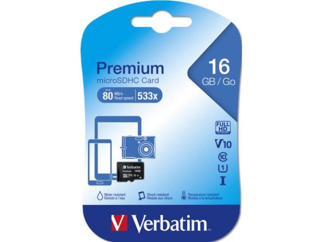 Memory Card Verbatim Premium MicroSDHC, 16GB, Class 10