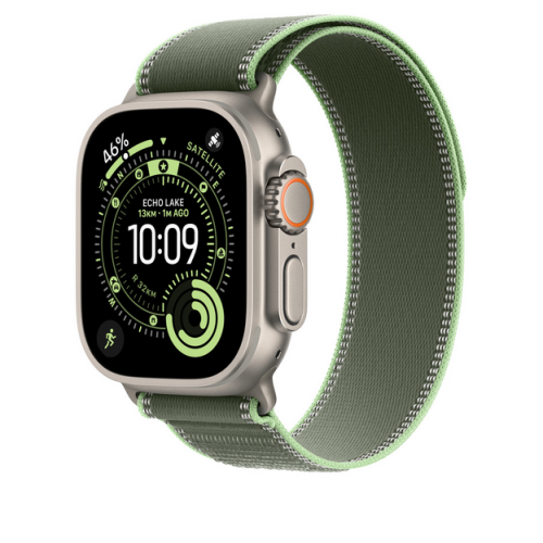 Curea SmartWatch Apple Trail Loop, M/L, 49 mm, Green/Neon - Natural Titanium Finish