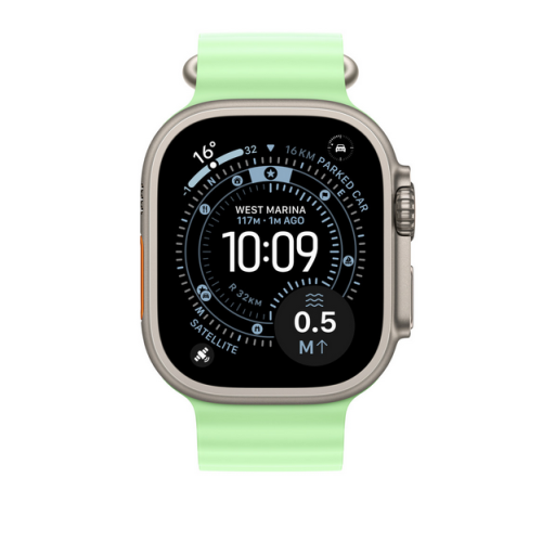 Extensie Curea SmartWatch Apple Ocean Band, 49 mm, Neon Green - Natural Titanium Finish