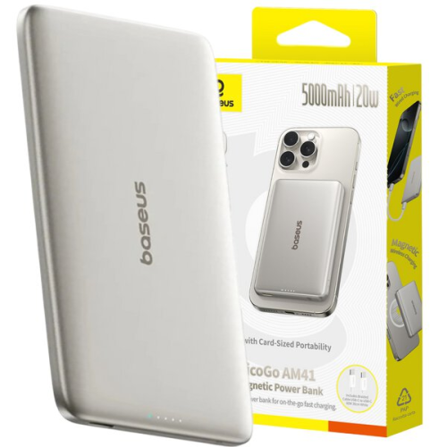 POWER BANK Baseus PicoGo AM41, 5000mAh, 20W, prindere magnetica, 1 x USB Type-C, cablu inclus USB Type-C la USB Type-C 0.3m, titanium, 
