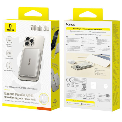 POWER BANK Baseus PicoGo AM41, 5000mAh, 20W, prindere magnetica, 1 x USB Type-C, cablu inclus USB Type-C la USB Type-C 0.3m, titanium, 