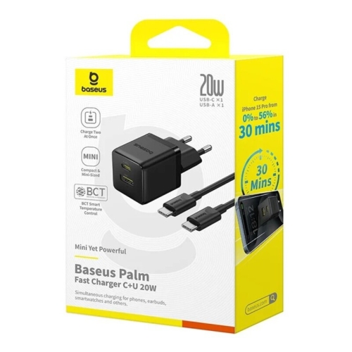Incarcator retea Baseus Palm, 1 x USB-A, 1 x USB-C, 20 W, Black