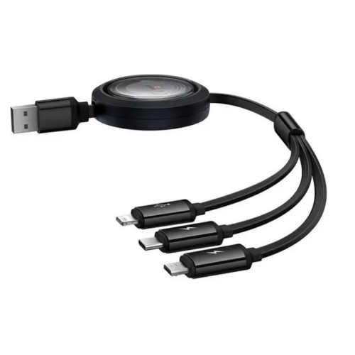 Cablu de date Baseus Free2Draw, USB-A - USB-C male + Lightning + micro USB, 1.1 m, Black