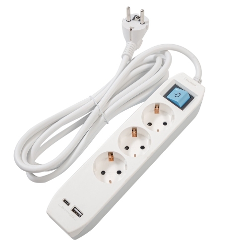 PRELUNGITOR SPACER, Schuko x 3, conectare prin Schuko (T),Type-C x1,  USB x 1, 3.1A,  cablu 1.8m, 16 A, max. 3500W, protectie copii, Intrerupator, Gri, 