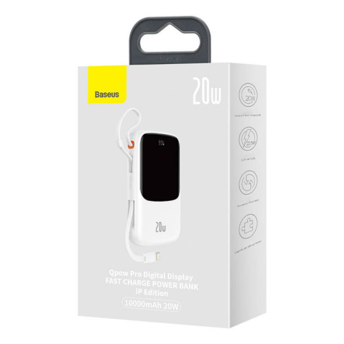 Baterie portabila Baseus Qpow Pro Digital Display, 10000 mAh, 1 x USB-A, 1 x USB-C, 1 x Lightning, White