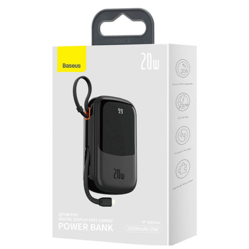 Baterie portabila Baseus Qpow Pro Digital Display, 20000 mAh, 1 x USB-A, 1 x USB-C, 1 x Lightning, Black