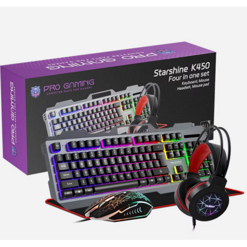 Kit PRO GAMING Starshine K450 - Tastatura, RGB LED, USB, Black + Mouse Optic, RGB LED, USB, Black + Casti cu microfon, RGB LED, USB, Black + MousePad, Black