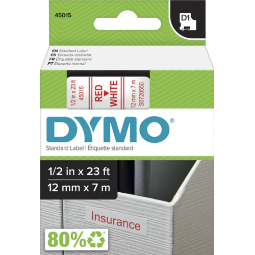 D1-TAPE 12MM X 7M/RED ON WHITE