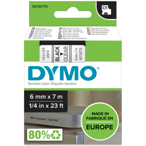 TaÅ›ma Dymo D1 - 6mm x 7m czarny/przezroczysty