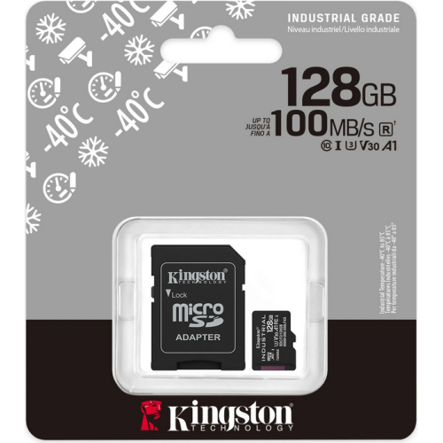 Memory Card microSDXC Kingston Industrial 128GB, Class 10, UHS-I U3, V30, A1 + Adaptor SD