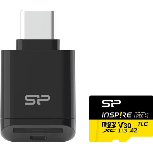 SP mSD Card A1, V30, UHS-1 (U1) Inspire + Reader 128GB 3D TLC Micro SD Card, A2, V30, UHS-1, DDR200, Up to 170/150MB/s + Type C reader