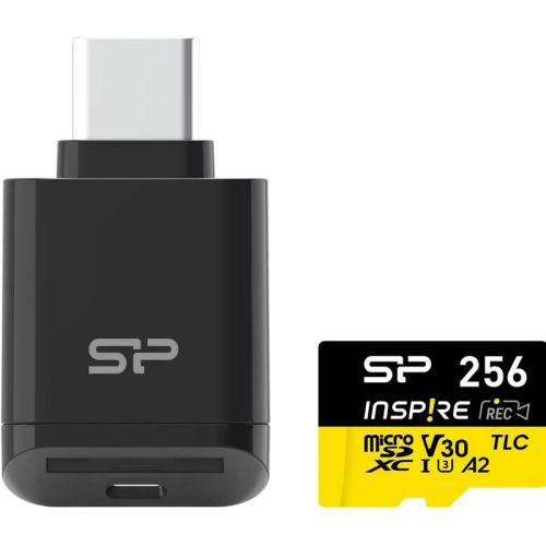 SP mSD Card A2, V30, UHS-1 (U1) Inspire + Reader 256GB 3D TLC Micro SD Card, A1, V30, UHS-1, DDR200, Up to 170/150MB/s + Type C reader