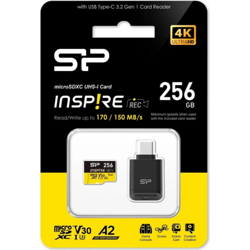 SP mSD Card A2, V30, UHS-1 (U1) Inspire + Reader 256GB 3D TLC Micro SD Card, A1, V30, UHS-1, DDR200, Up to 170/150MB/s + Type C reader