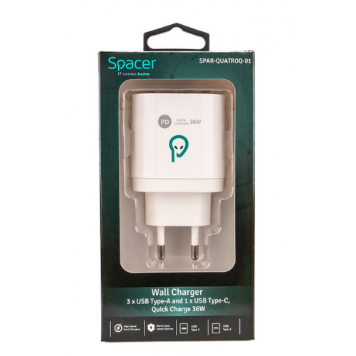 Incarcator retea Spacer SPAR-QUATROQ-01, 3x USB 3.0 + 1x USB, 2.4A, White