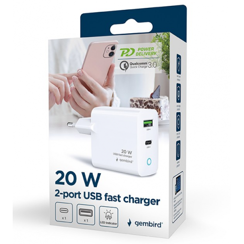 Incacator retea Gembird TA-UC-PDQC20L-W-01, 1x USB-A, 1x USB-C, 3A, White