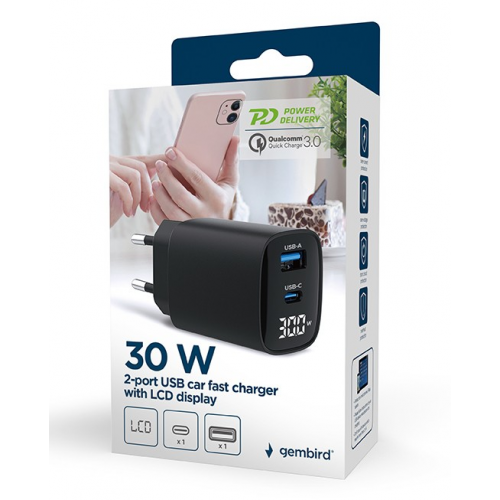 Incarcator retea Gembird TA-UC-PDQC30LCD-BK-01, 1x USB-A, 1x USB-C, 3.4A, Black