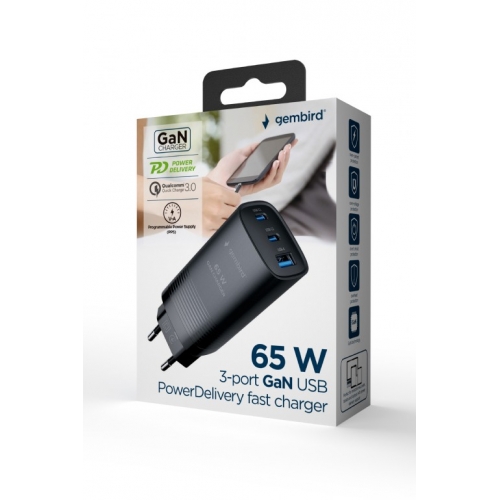 Incarcator retea Gembird TA-UC-PDQC65-01-BK, 1x USB, 2x USB-C, 65W, Black