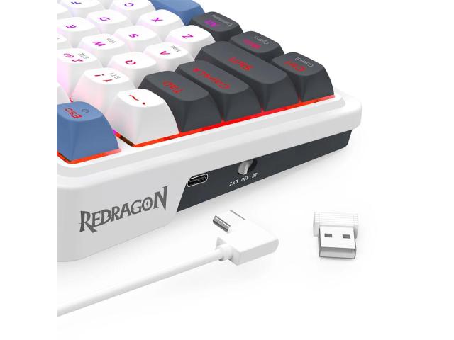 Tastatura gaming mecanica Bluetooth cu si fara fir Redragon Galatin Pro alba cu albastru iluminare RGB