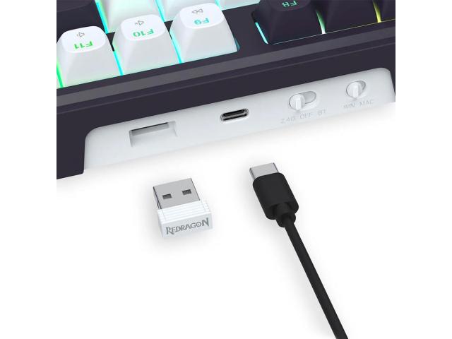 Tastatura gaming mecanica Bluetooth cu si fara fir Redragon Terraflare Pro, Neagra cu alb si iluminata RGB, K762WB-RGB-PRO