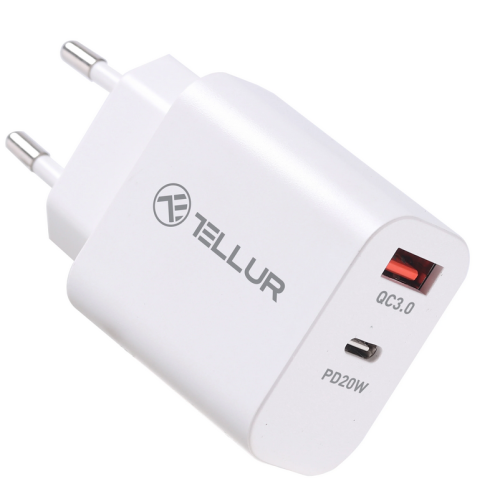 Incarcator retea Tellur PDHC101 Dual Port, 1 x USB-A, 1 x USB-C, 18 W, White