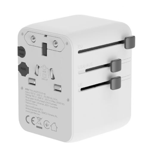ALIMENTATOR retea 220V GEMBIRD, universal, conectori: US/UK/EU/AU, 2x USB Type-C PD 70W, 2x USB-A 15W, siguranta 10A, max. 2500W, alb, 