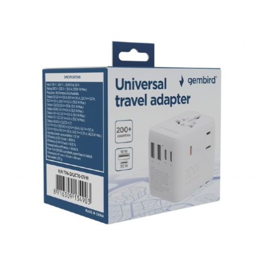 ALIMENTATOR retea 220V GEMBIRD, universal, conectori: US/UK/EU/AU, 2x USB Type-C PD 70W, 2x USB-A 15W, siguranta 10A, max. 2500W, alb, 