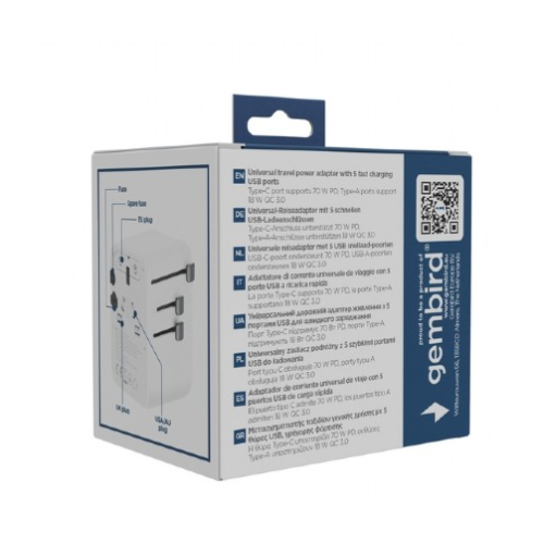 ALIMENTATOR retea 220V GEMBIRD, universal, conectori: US/UK/EU/AU, 2x USB Type-C PD 70W, 2x USB-A 15W, siguranta 10A, max. 2500W, alb, 