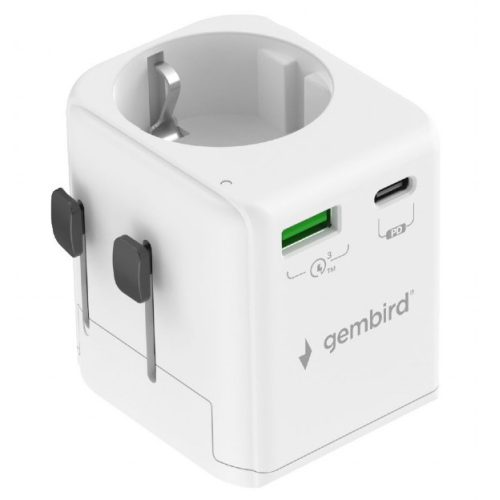 ALIMENTATOR retea 220V GEMBIRD, universal, EU la conectori: US/UK/CN/AU, cu impamantare, 1x Schuko, 1x USB Type-C PD 20W, 1x USB-A QC 18W, siguranta 10A, max. 2500W, alb, 