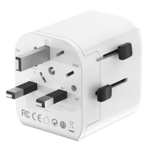 ALIMENTATOR retea 220V GEMBIRD, universal, EU la conectori: US/UK/CN/AU, cu impamantare, 1x Schuko, 1x USB Type-C PD 20W, 1x USB-A QC 18W, siguranta 10A, max. 2500W, alb, 