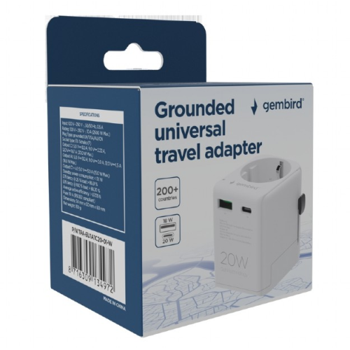 ALIMENTATOR retea 220V GEMBIRD, universal, EU la conectori: US/UK/CN/AU, cu impamantare, 1x Schuko, 1x USB Type-C PD 20W, 1x USB-A QC 18W, siguranta 10A, max. 2500W, alb, 