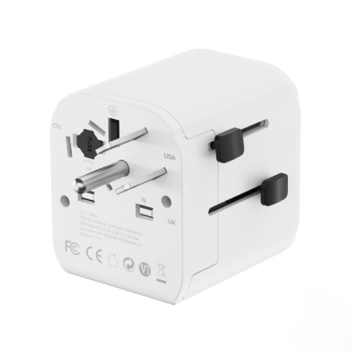 ALIMENTATOR retea 220V GEMBIRD, universal, conectori: US/UK/EU/AU, 1x USB Type-C 15W, 2x USB-A 12W, siguranta 10A, max. 2300W, alb, 