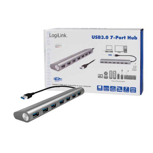 Hub USB Logilink UA0308, 7x USB 3.0, Grey