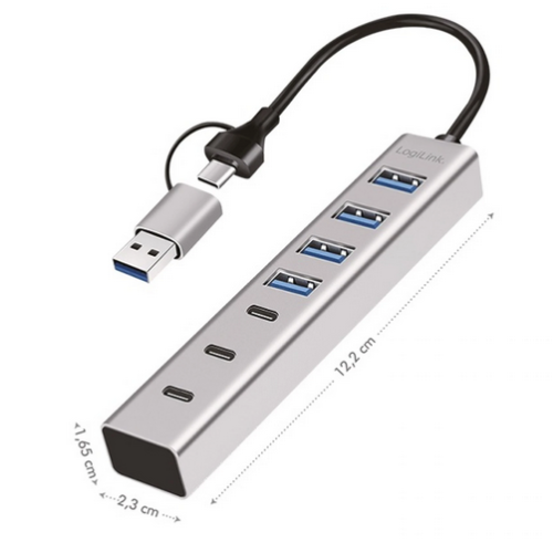 Hub USB Logilink UA0442, 4 x USB 3.2 gen 1, 3 x USB-C, Gray