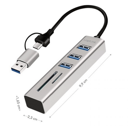 HUB USB Logilink UA0445, 3 x USB-A, SD/microSD, Gray